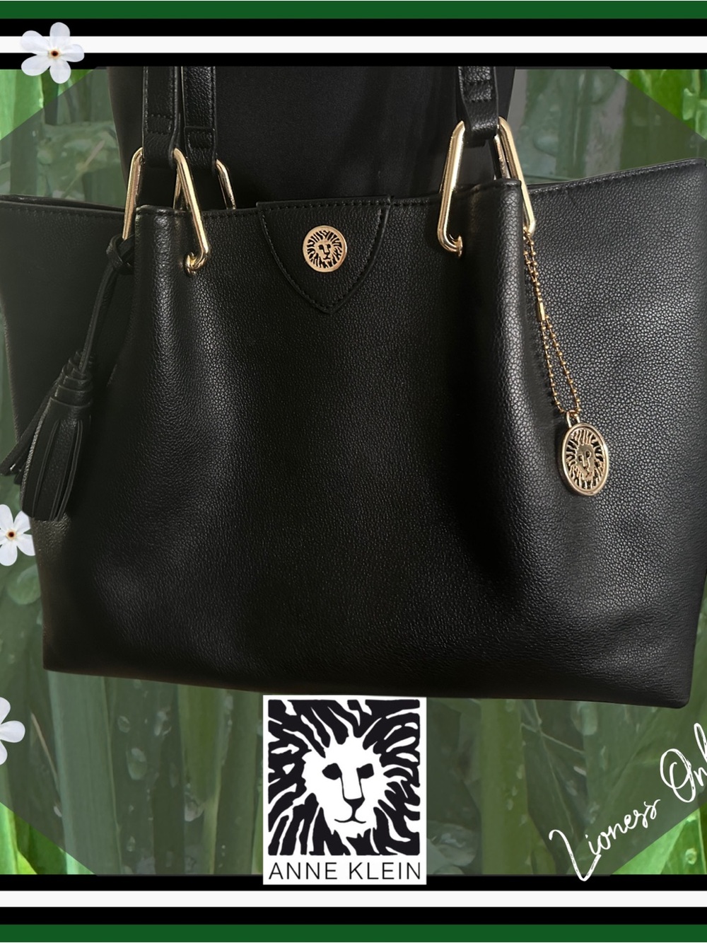 Anne Klein Black Tote with Gold Accents and Tassel Charm